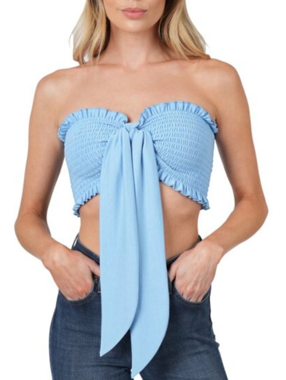 Zenna Strapless Smocked Tie-Front Pleated Crop Top In Spring Blue 1X,2X,3X New